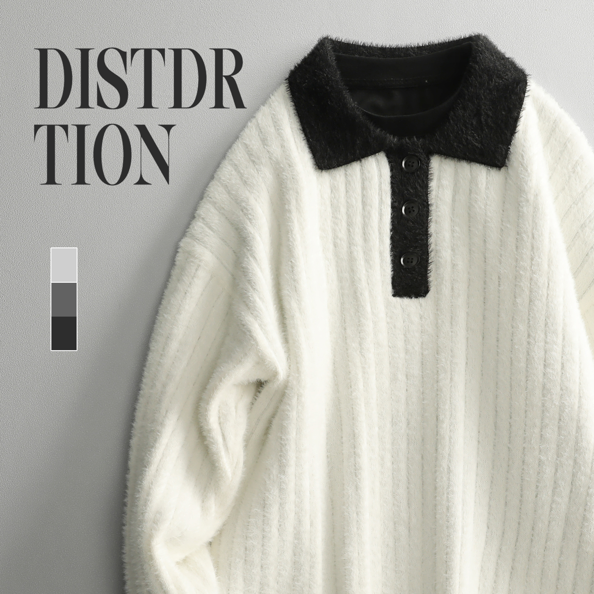 LUUD 亲肤绒面文艺风撞色Polo领毛衣男时尚竖坑条提花落肩针织衫