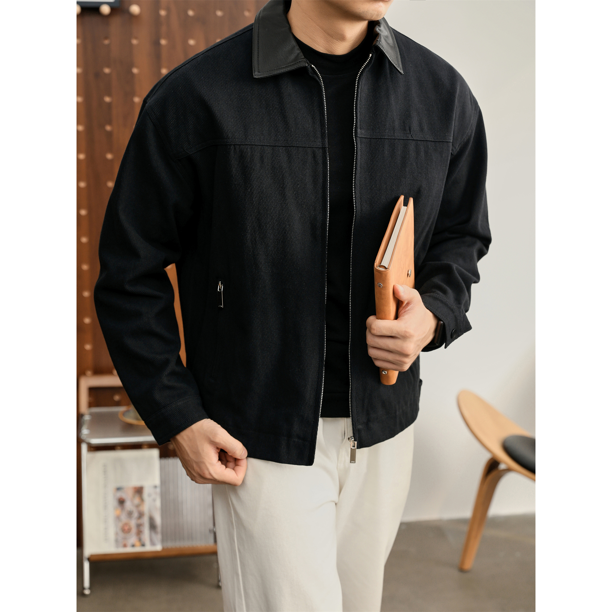 LUUD 美式复古斜纹皮质翻领100%纯棉外套男巴恩风拼色短宽款夹克