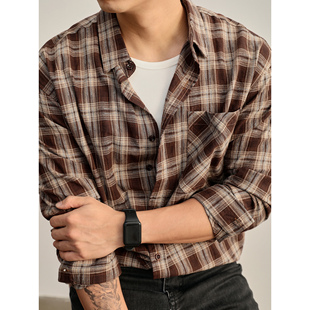 男生古着vintage慵懒风长袖 撞色格子纹100%纯棉衬衫 衬衣 秋季 LUUD