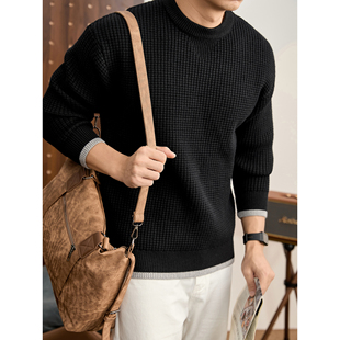 LUUD 撞色罗纹收口设计华夫格肌理针织衫男冬高克重760g套头毛衣