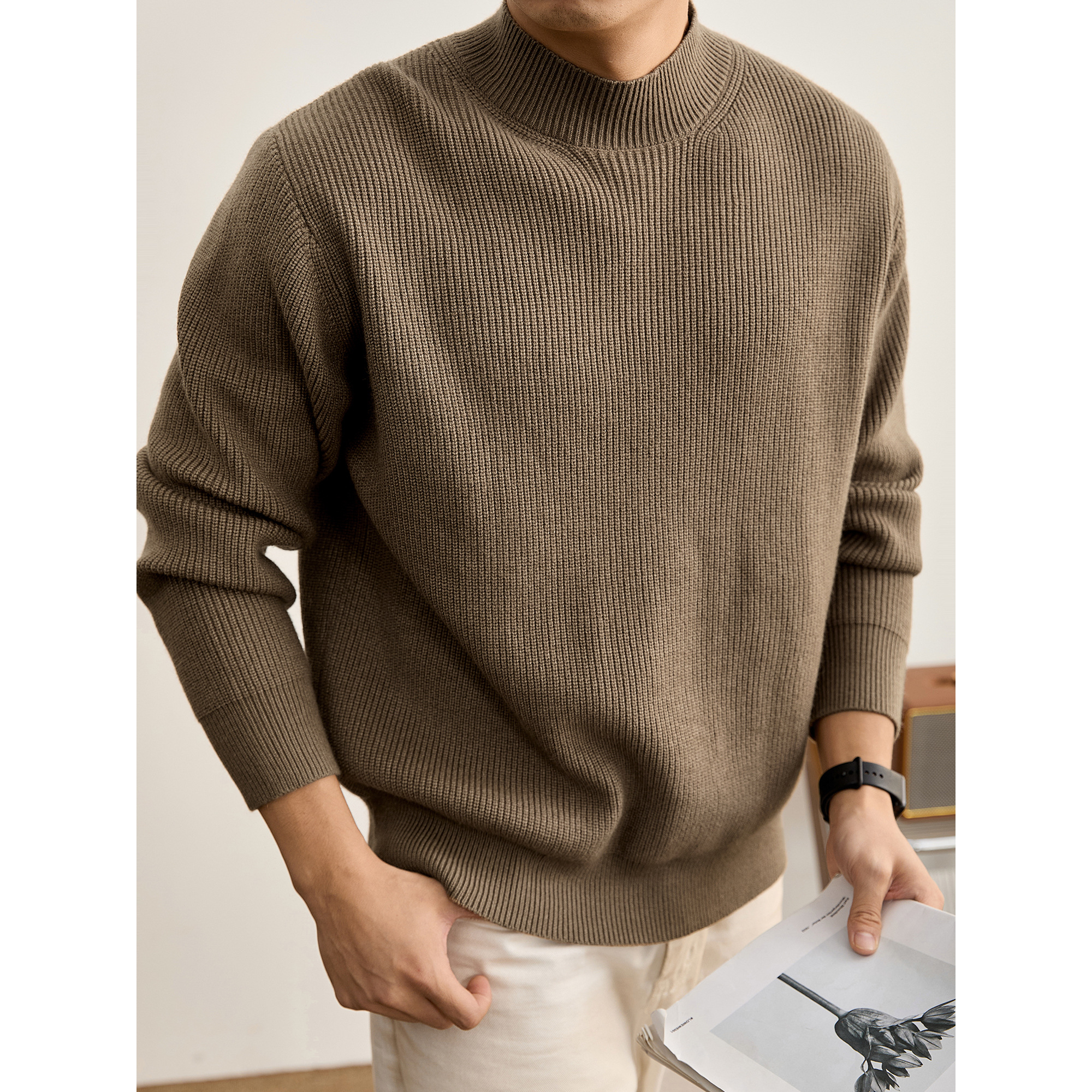 LUUD 复古质感半高领保暖毛衣秋冬罗纹收口抗起球套头针织衫男装