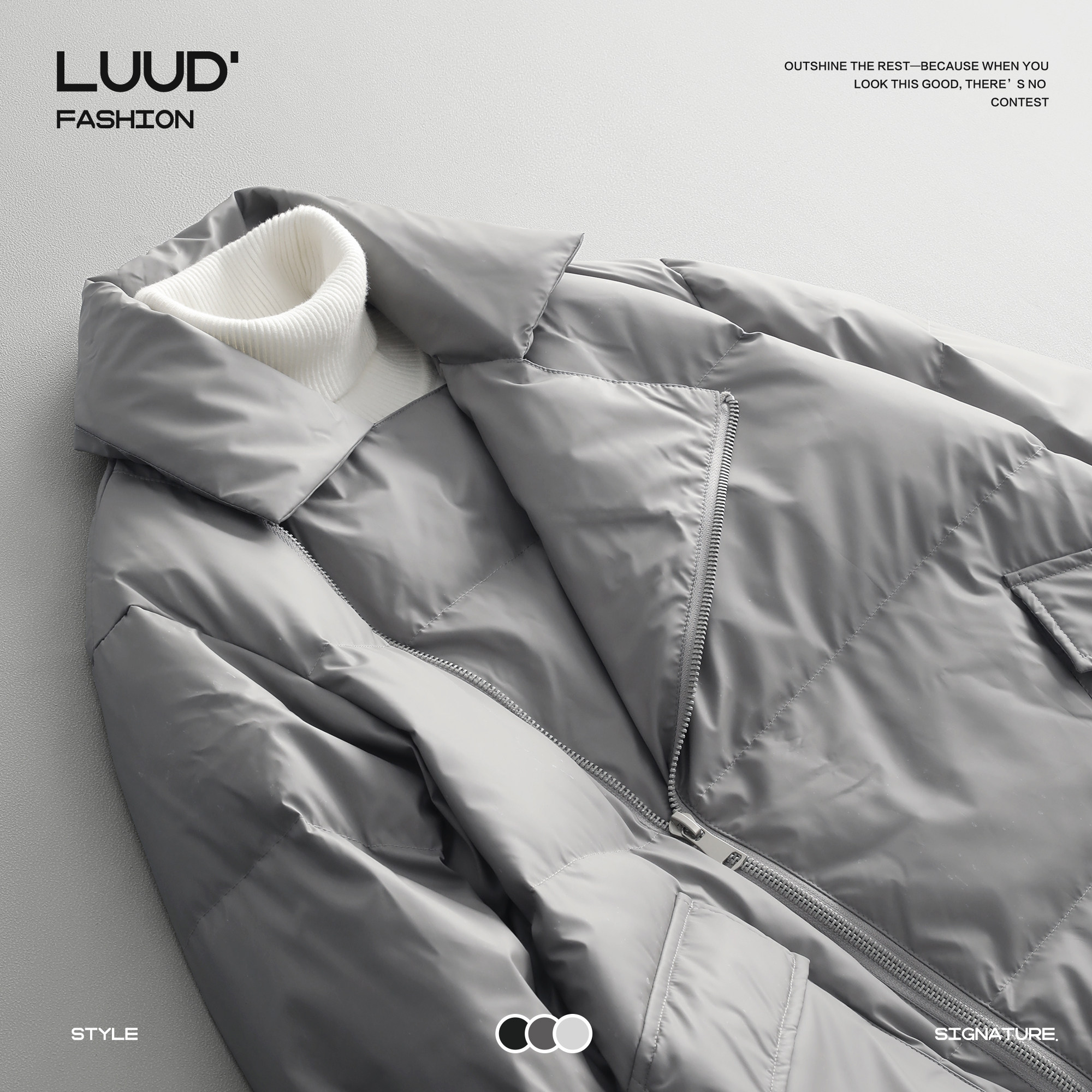 LUUD  PU皮面85白鸭绒羽绒服男款冬季加厚保暖痞帅斜拉链面包服潮