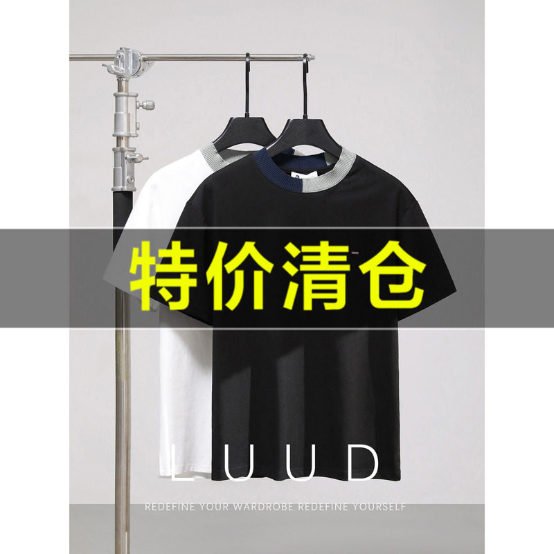 特价 罗纹领口撞色金属小装饰短袖男日系复古圆领休闲宽松落肩T恤