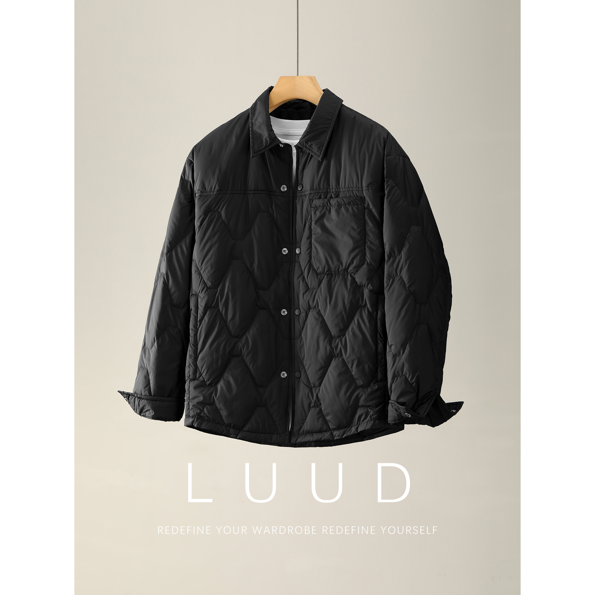 LUUD 男士菱形压纹90鸭绒轻便羽绒服老钱单贴袋防风保暖翻领外套