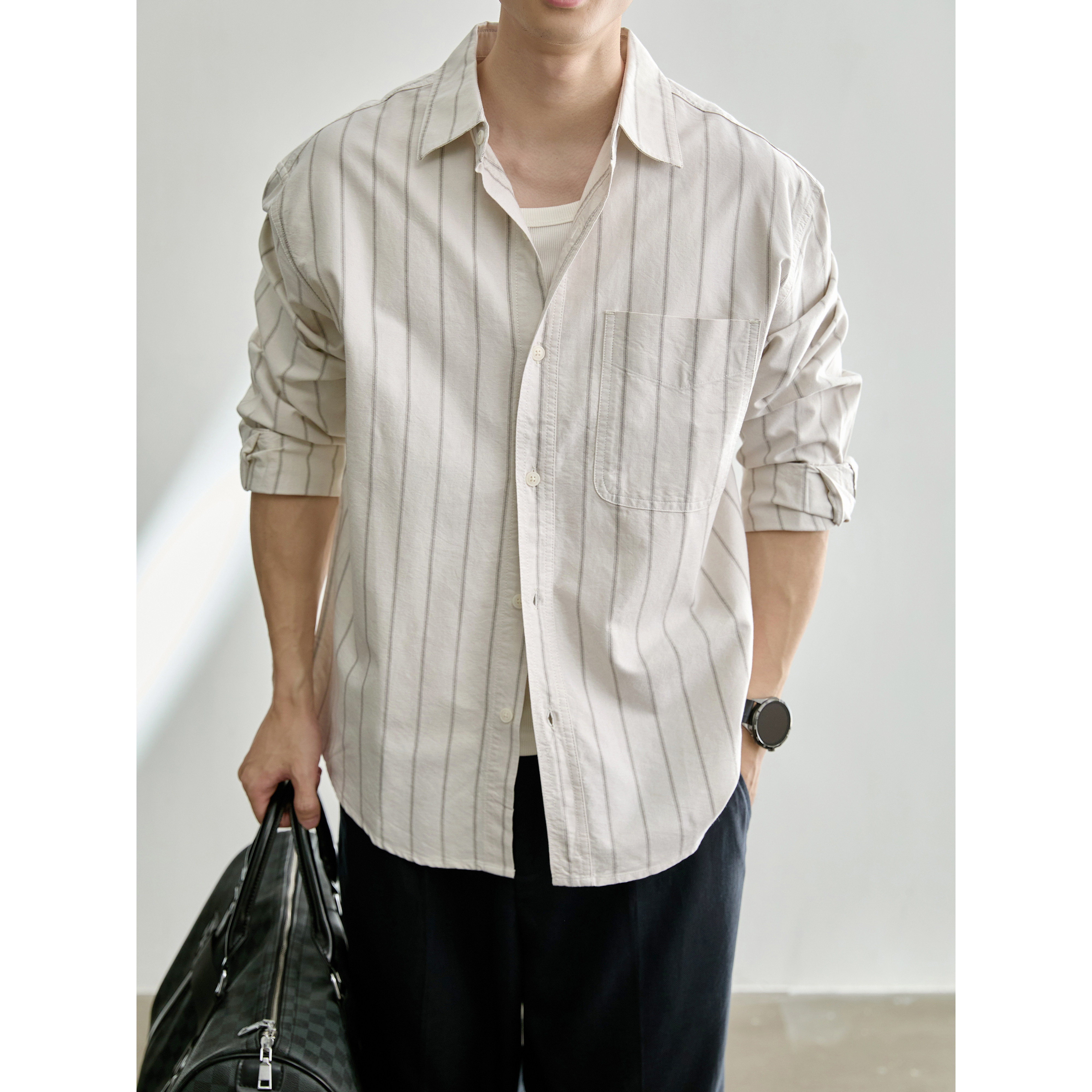 LUUD 100%纯棉宽松廓形长袖衬衫外套男秋撞色条纹休闲风翻领衬衣