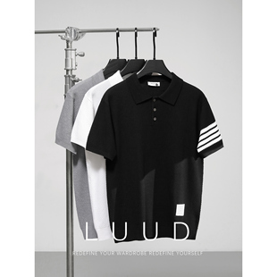 LUUD 韩系四条杠针织POLO衫颗粒纹理拼色冰爽丝混纺潮男翻领短袖