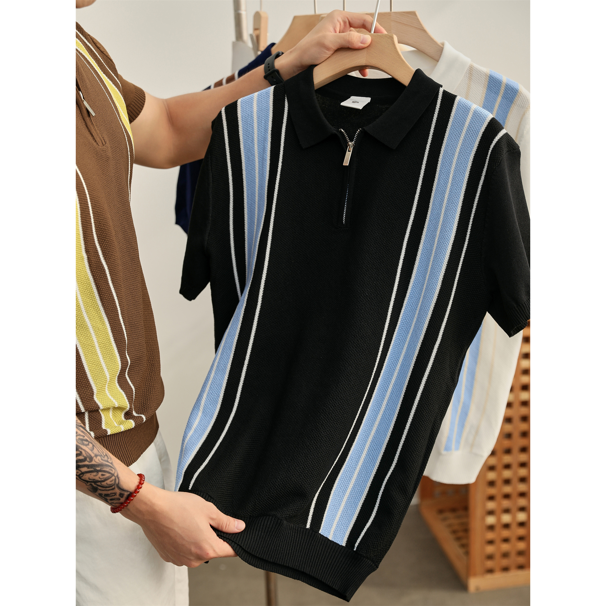 LUUD 条纹提花纹理男士针织POLO衫透气冰凉纱感撞色半拉链短袖T恤