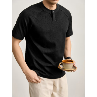 雅痞通勤风男士 亨利领针织衫 定制钩花圆领T恤短袖 插肩袖 夏季 LUUD