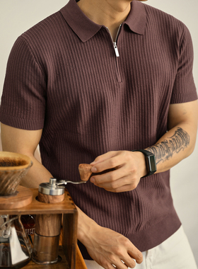 LUUD 成熟绅士男针织POLO衫夏季舒适透气T恤衫条纹肌理感短袖上衣