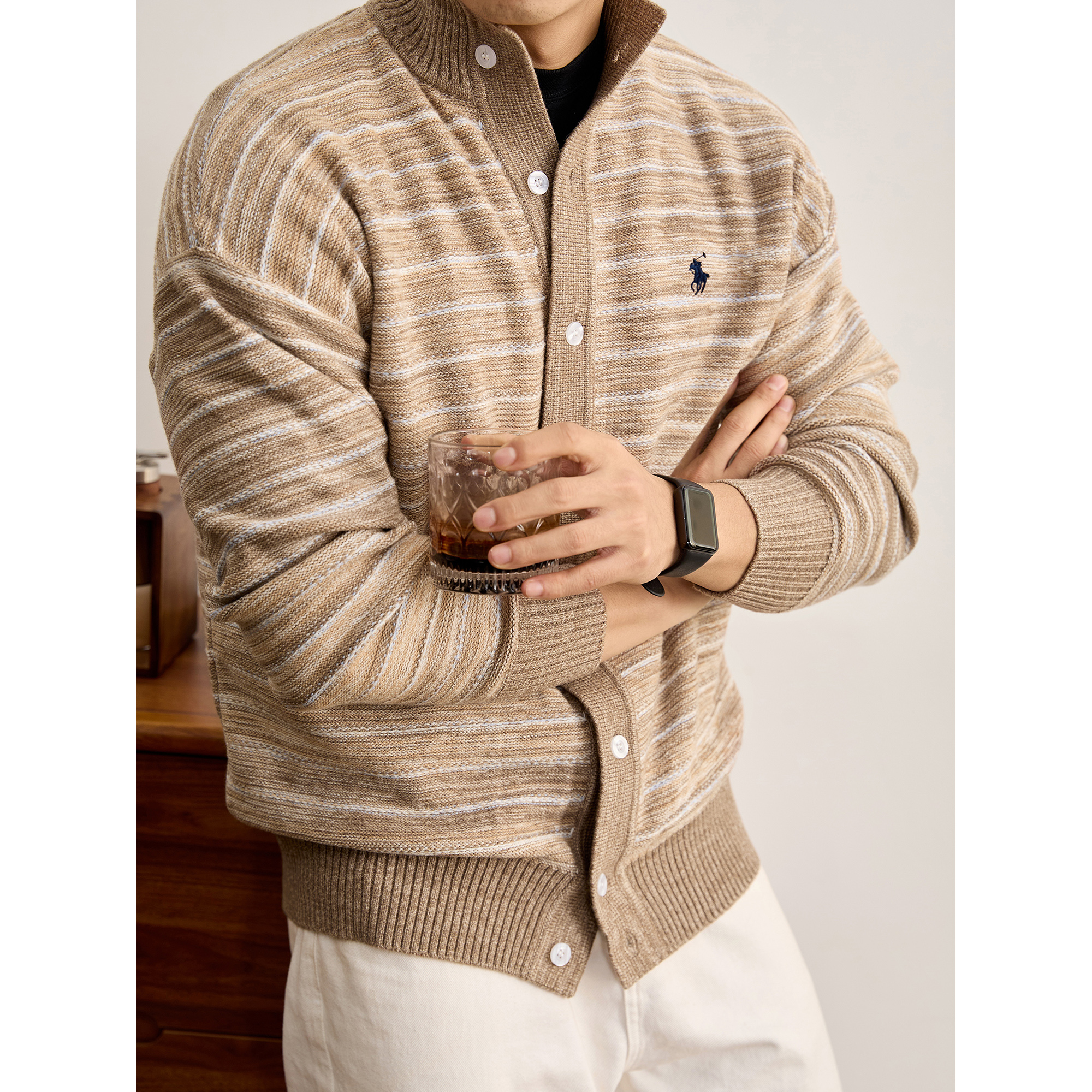 LUUD 渐变花纱混色半高领毛衣外套男莫代尔包芯纱抗起球针织开衫