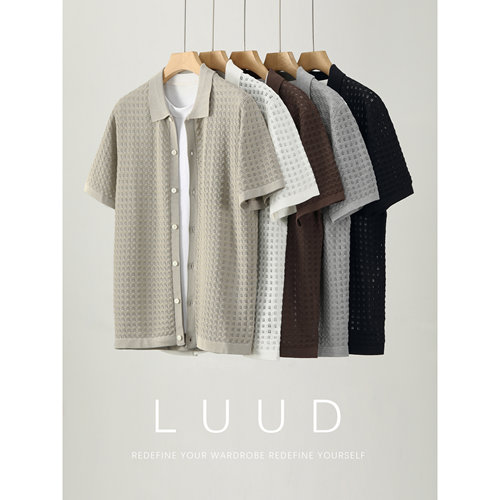 LUUD 法式老钱风镂空提花肌理针织开衫透气凉感翻领短袖外套男夏