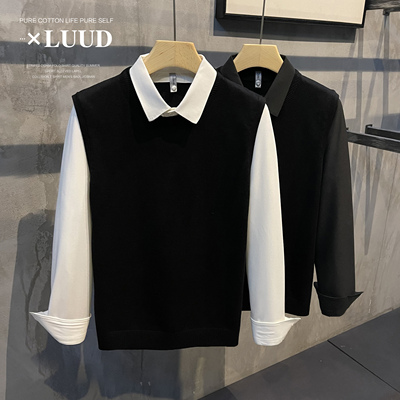 LUUD 假两件拼接套头针织衫男秋冬撞色衬衫翻领毛线衣修身上衣潮