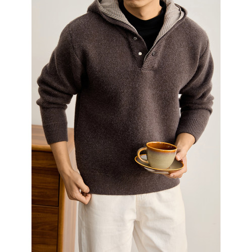 LUUD 高克重北极绒毛纱肌理毛衣男冬老钱风假两件千鸟格连帽卫衣