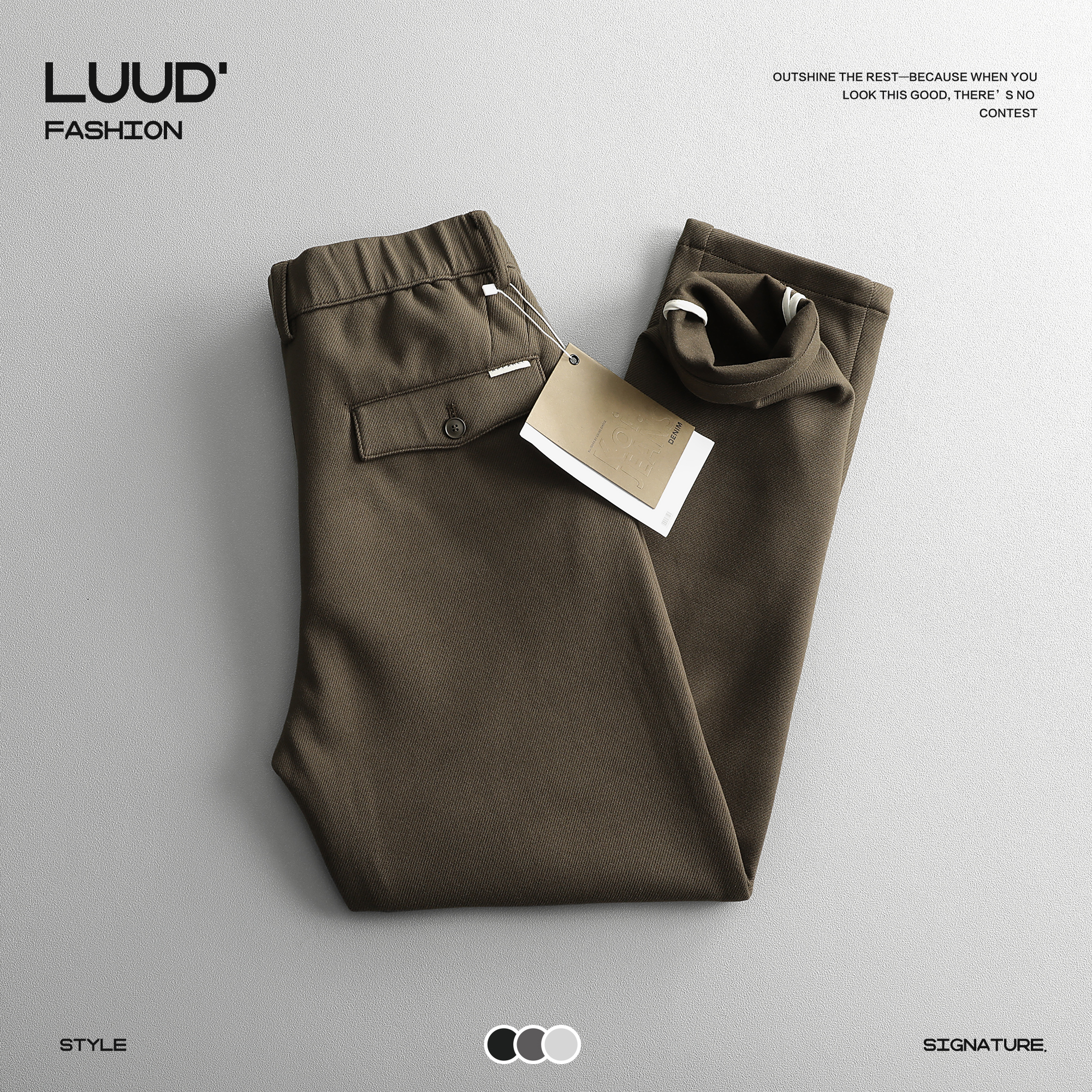 LUUD 轻奢小直筒休闲西裤男松紧腰立体长裤内里磨毛细斜纹理裤子