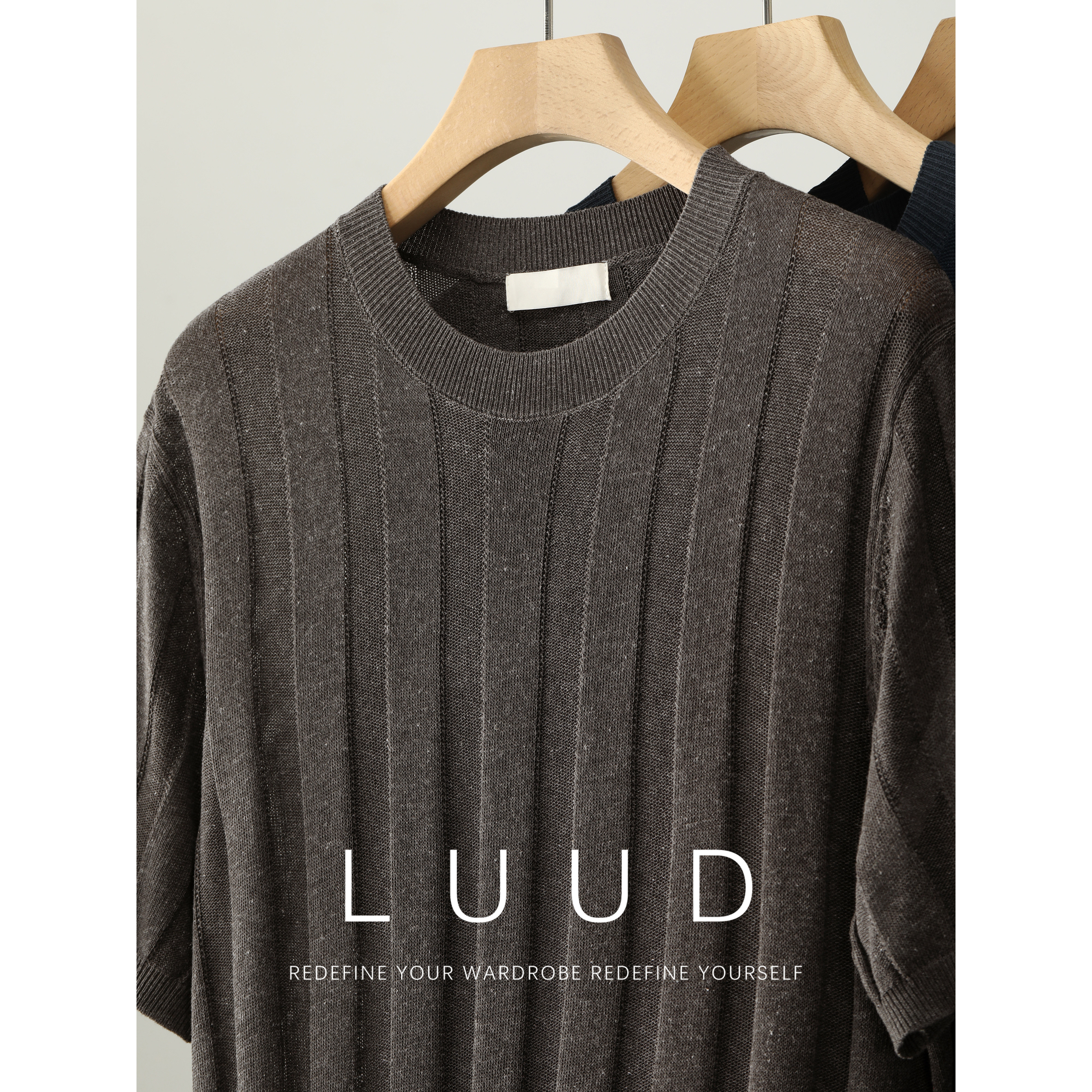 LUUD 夏季薄款清凉透视肌理感针织T恤男竖条坑条罗纹圆领短袖上衣