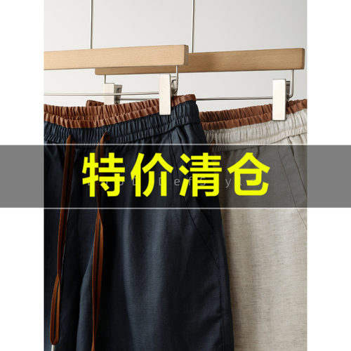 特价 撞色边松紧腰抽绳宽松中裤男天丝莱赛尔亚麻混纺直筒短裤