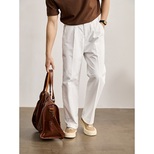 天丝莱赛尔棉混纺白色休闲裤 松紧腰直筒长裤 男春季 韩版 时尚 LUUD