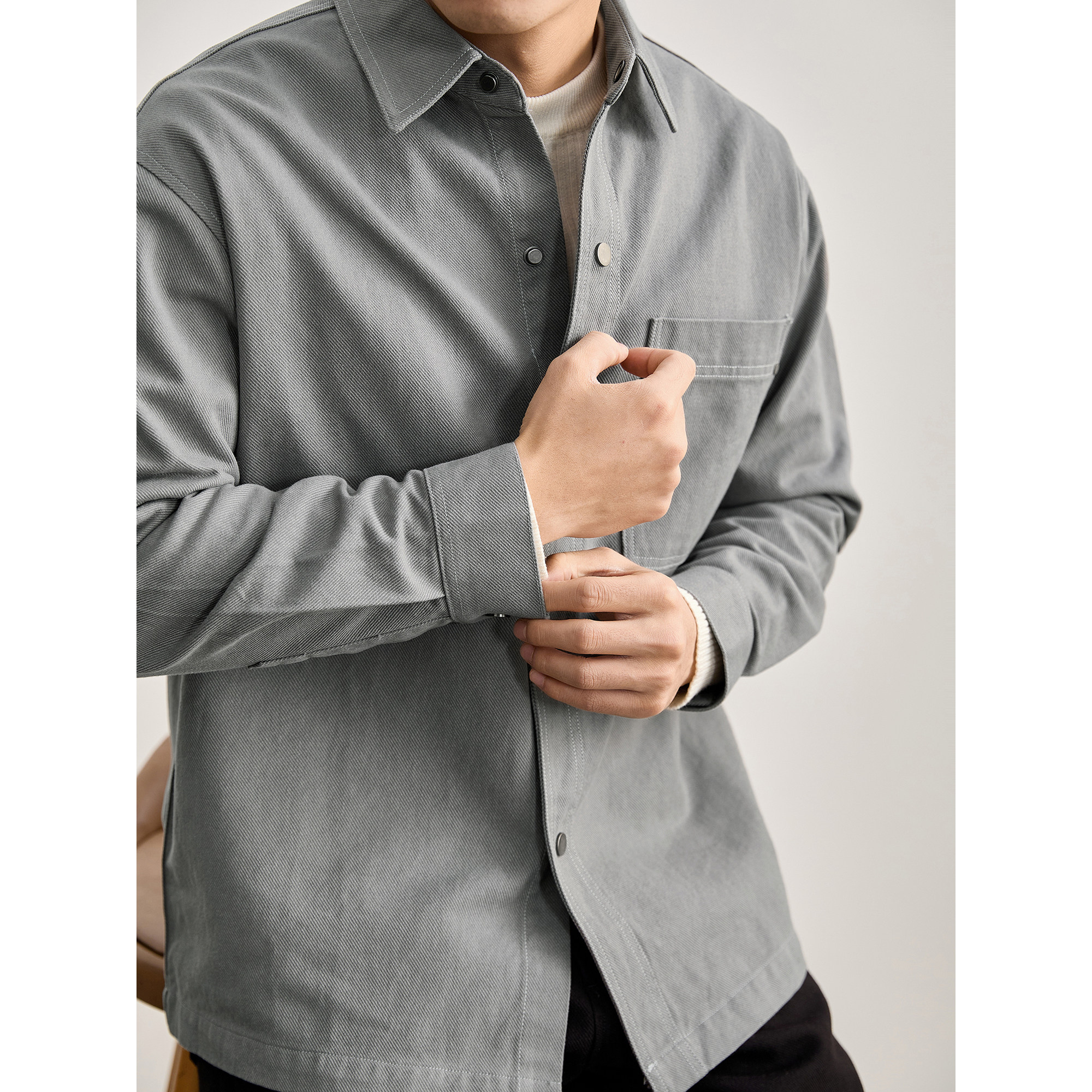 LUUD 男春辑明线按扣翻领长袖衬衣水洗原色重磅330g牛仔衬衫外套