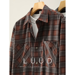 男潮流双贴袋衬衣外套 衬衫 LUUD 苏格兰复古280G磨毛格纹翻领长袖