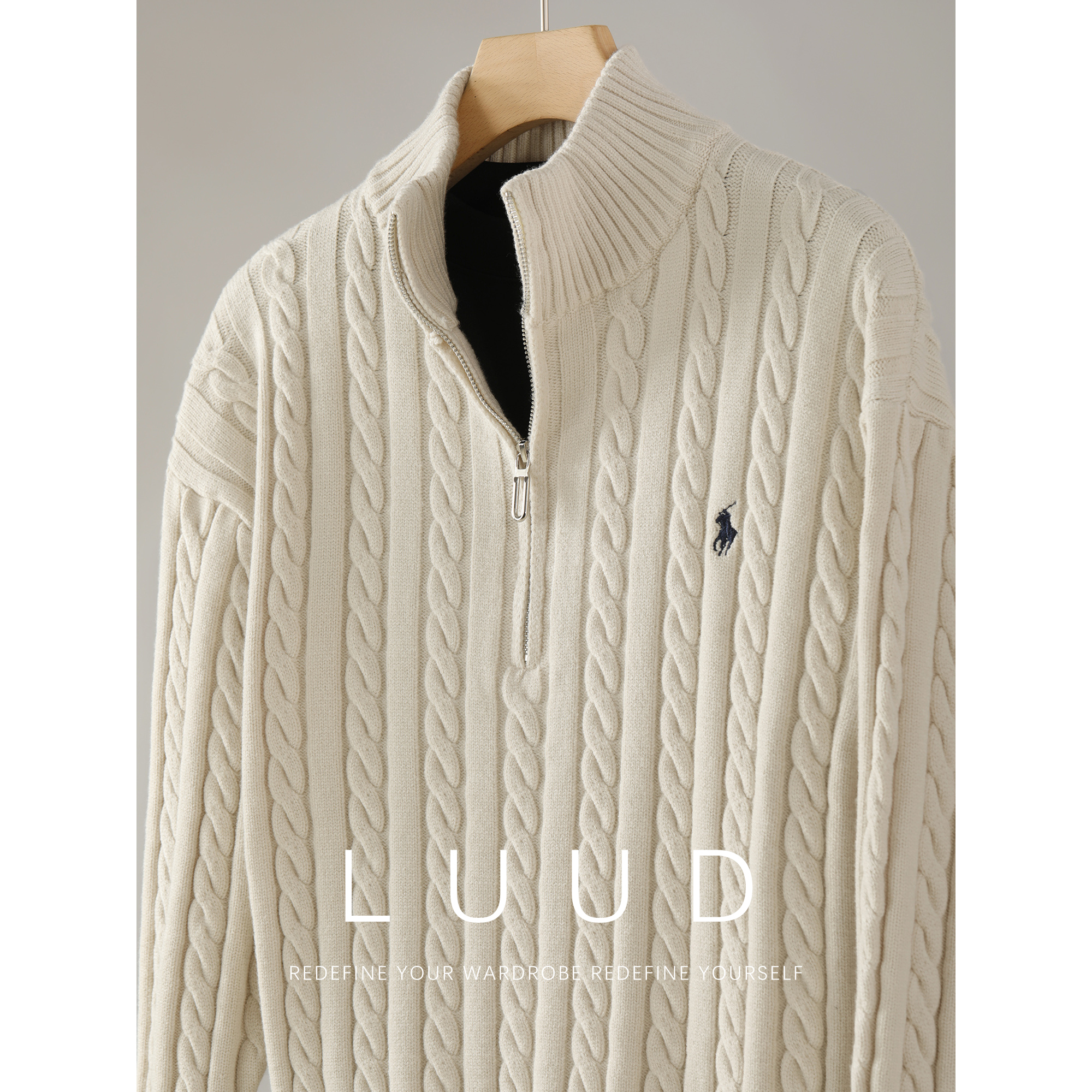 LUUD  拉链半开襟高领麻花纹理针织衫男秋冬高弹抗起球包芯纱毛衣