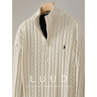 LUUD 男秋冬高弹抗起球包芯纱毛衣 拉链半开襟高领麻花纹理针织衫