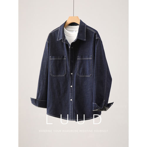 LUUD 天丝莱赛尔亚麻混纺翻领衬衫撞色辑明线洗水原色牛仔外套男