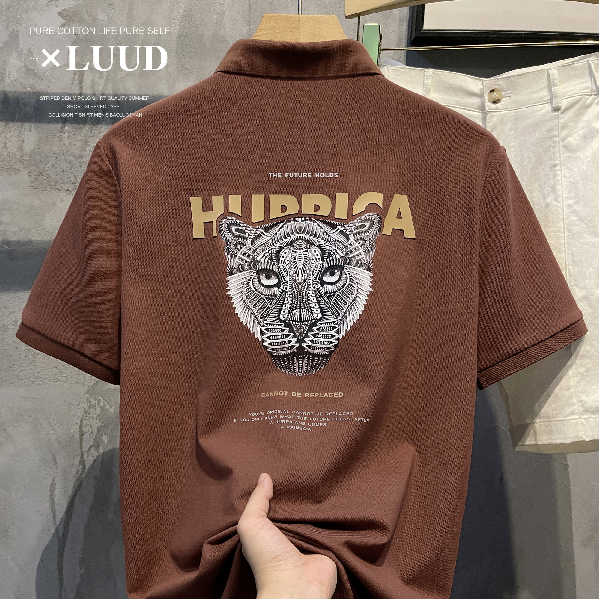 luud 豹子头痞帅后背印花翻领polo衫夏季新款透气修身短袖上衣男