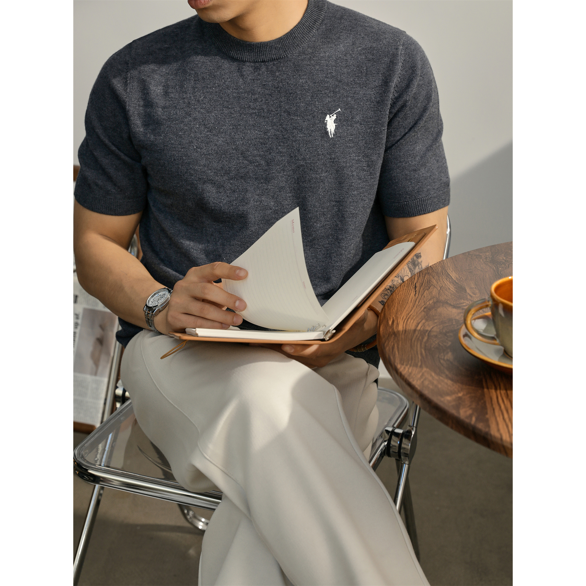 LUUD 韩系轻熟风短袖T恤男夏季羊毛针织圆领体恤骑士刺绣休闲上衣