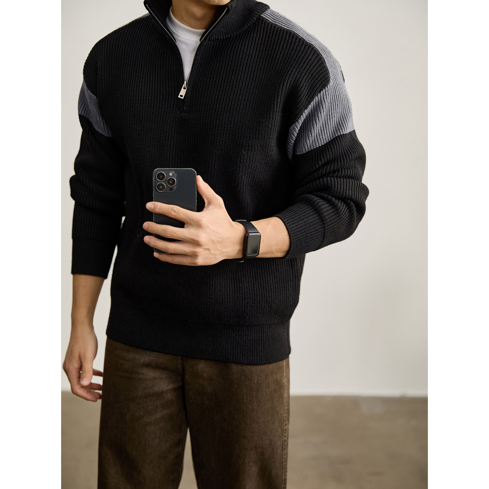 LUUD 美式潮牌撞色拼接插肩袖针织衫重磅820g半拉链立领毛衣男士,男装,针织衫/毛衣,淘宝优惠券,粉丝福利购,淘宝优惠卷