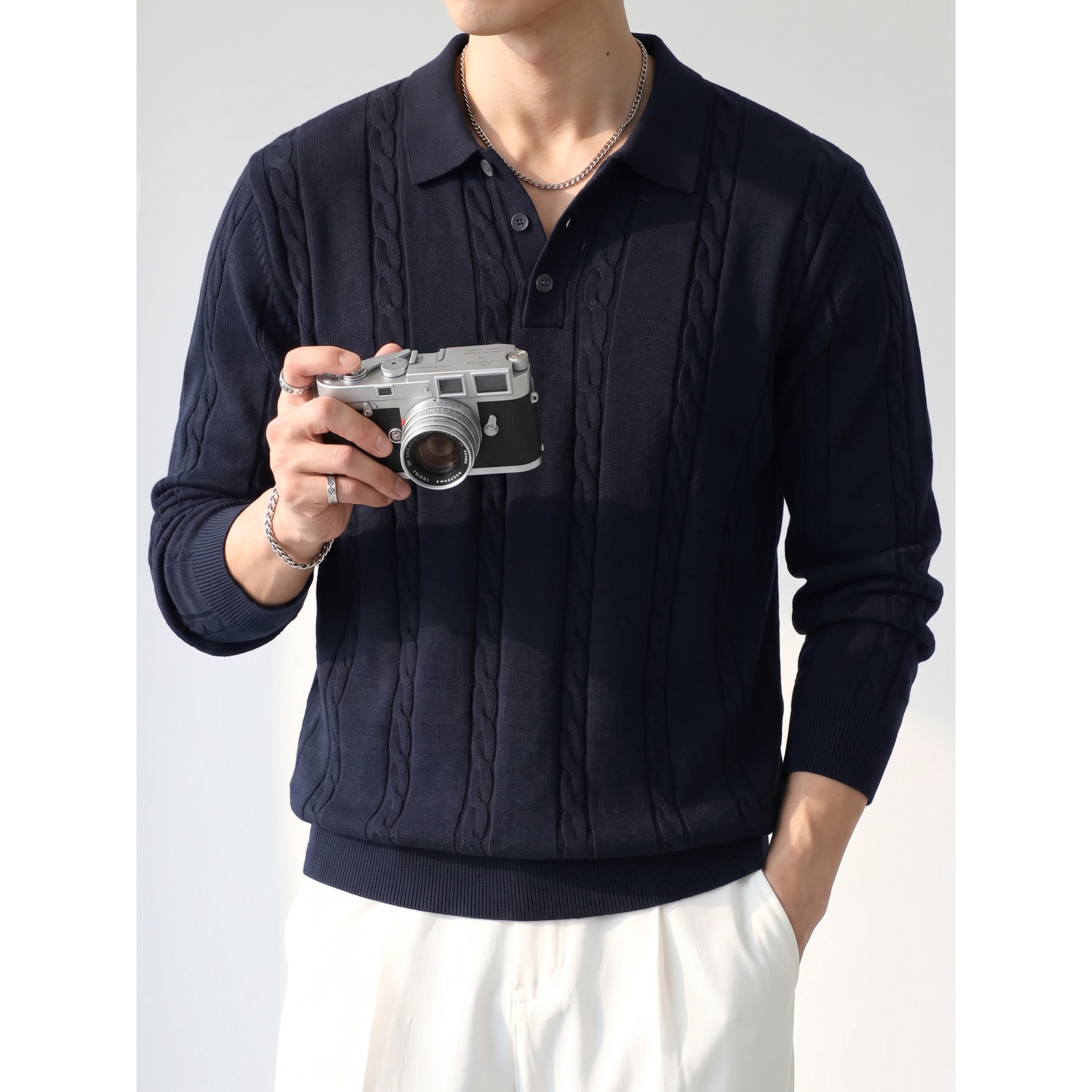 LUUD 意式斯文男士休闲针织衫麻花编织肌理感翻领POLO领长袖毛衣