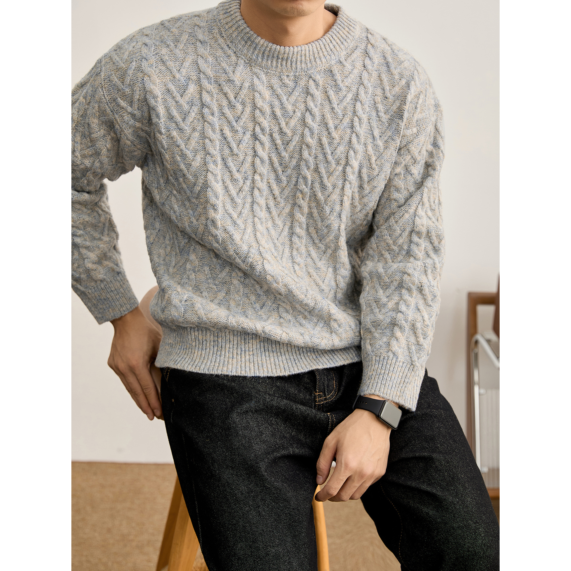 LUUD 男士冬季绞花纹理圆领针织衫渐变混色纱线设计保暖长袖毛衣