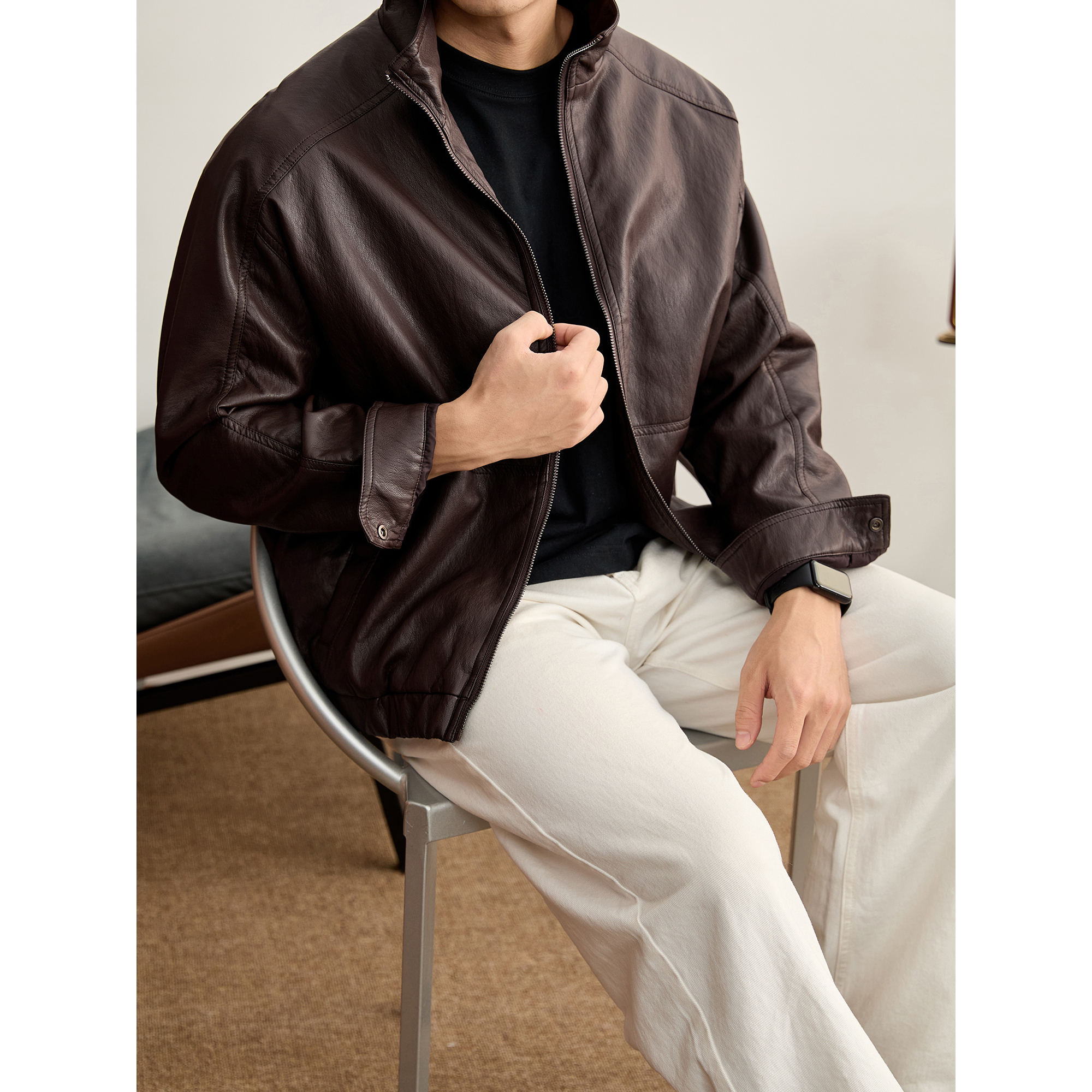 LUUD 美拉德短款廓形立领皮衣外套男士冬季痞帅亮面PU皮机车夹克