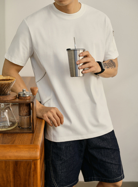 LUUD 简约潮流白色短袖T恤男拉链口袋设计体恤衫冰感棉微落肩上衣