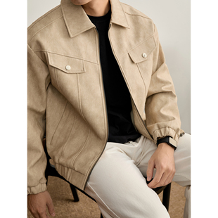 假口袋拼接PU皮衣防风夹克男 风翻领休闲外套翻盖式 LUUD 复古工装