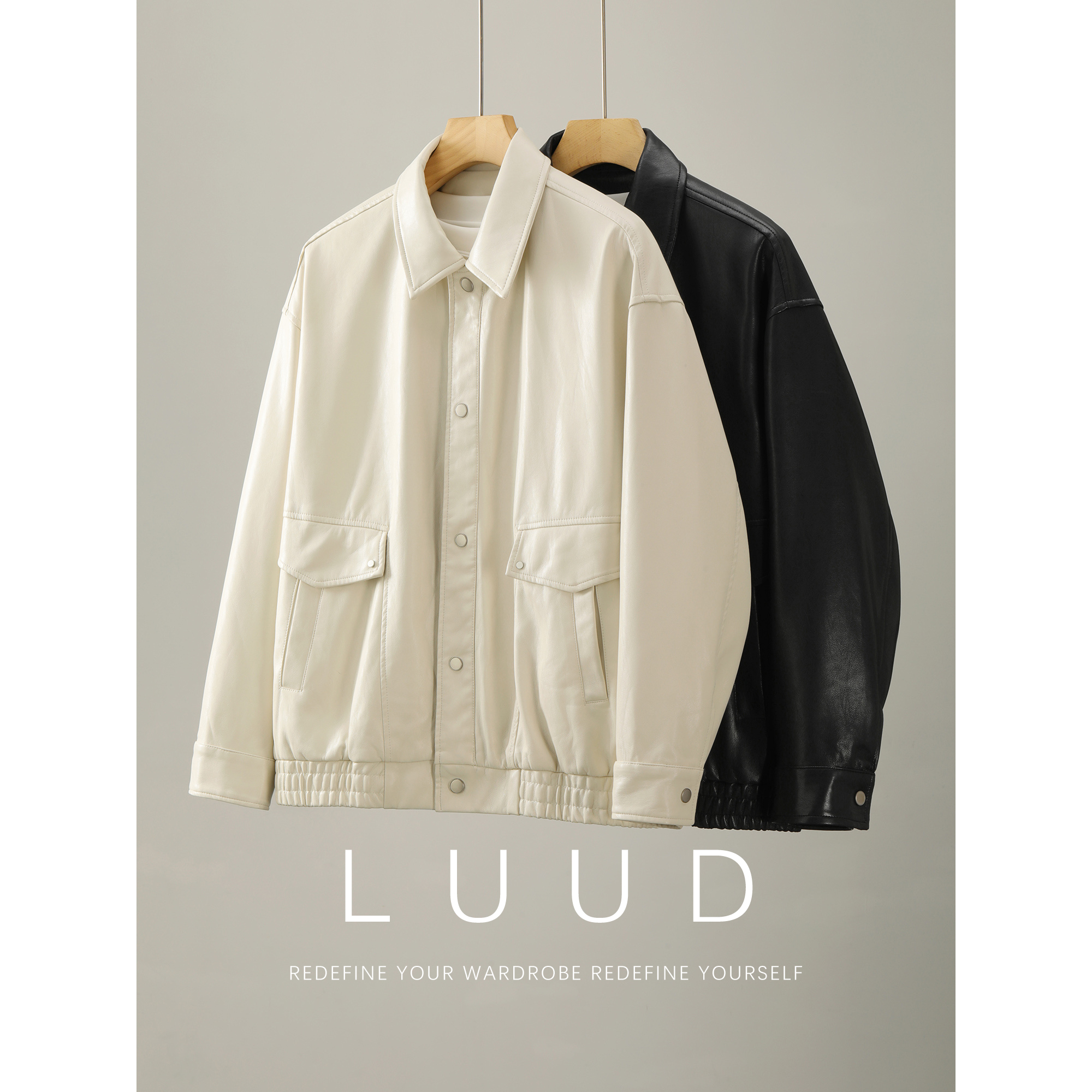 LUUD 美式复古PU皮飞行员皮衣外套秋冬季男士纯色多口袋翻领夹克