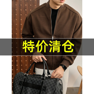 特价 老钱风纯咖啡色斜纹肌理感磨毛夹克外套男秋冬分割线棒球服