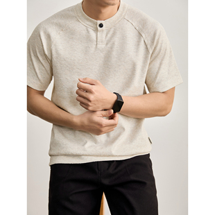 套头T恤上衣 男夏插肩袖 LUUD 花纱混色定制幻彩钩花亨利领针织短袖