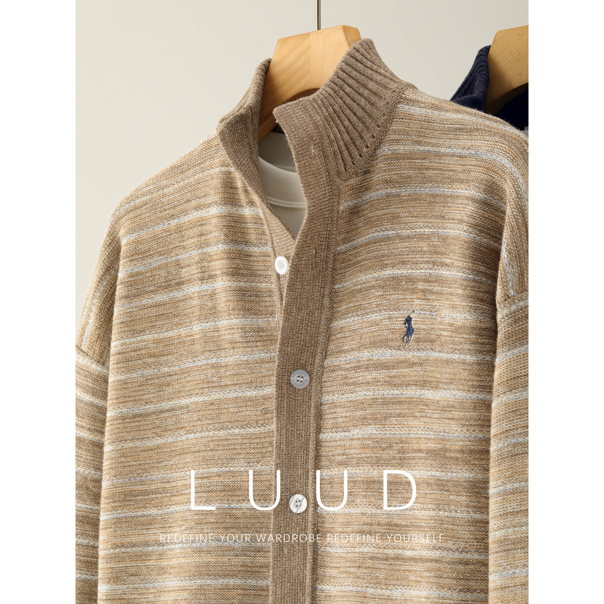 LUUD 抗起球包芯纱重磅半高立领针织外套渐变混色软糯毛衣开衫男