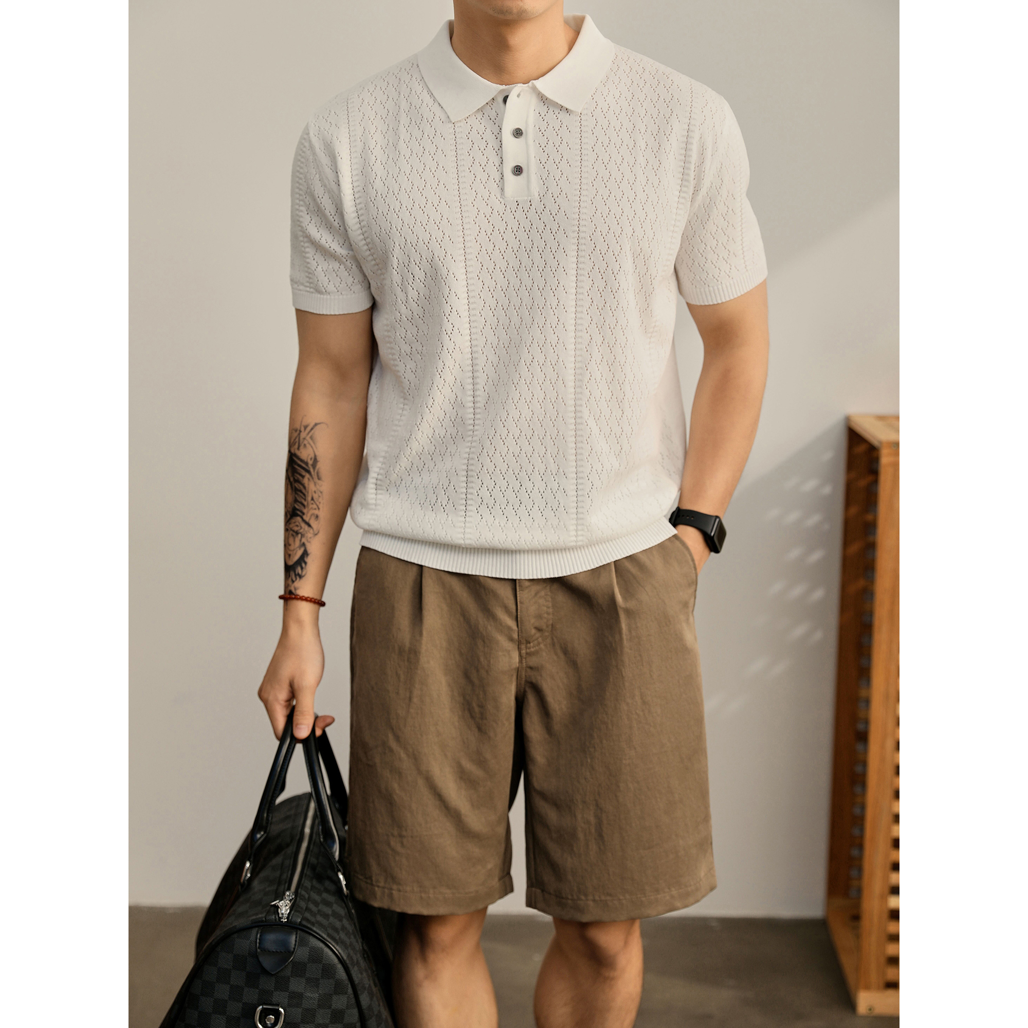 LUUD 凉感纱镂空提花纹理设计翻领POLO衫男夏时尚潮流针织保罗衫