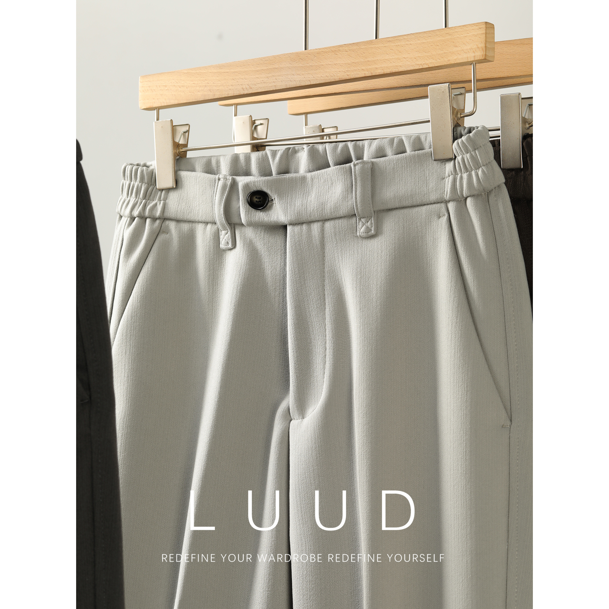 LUUD 男秋冬重磅保暖毛呢西裤韩版纯色半松紧腰内里磨毛直筒长裤