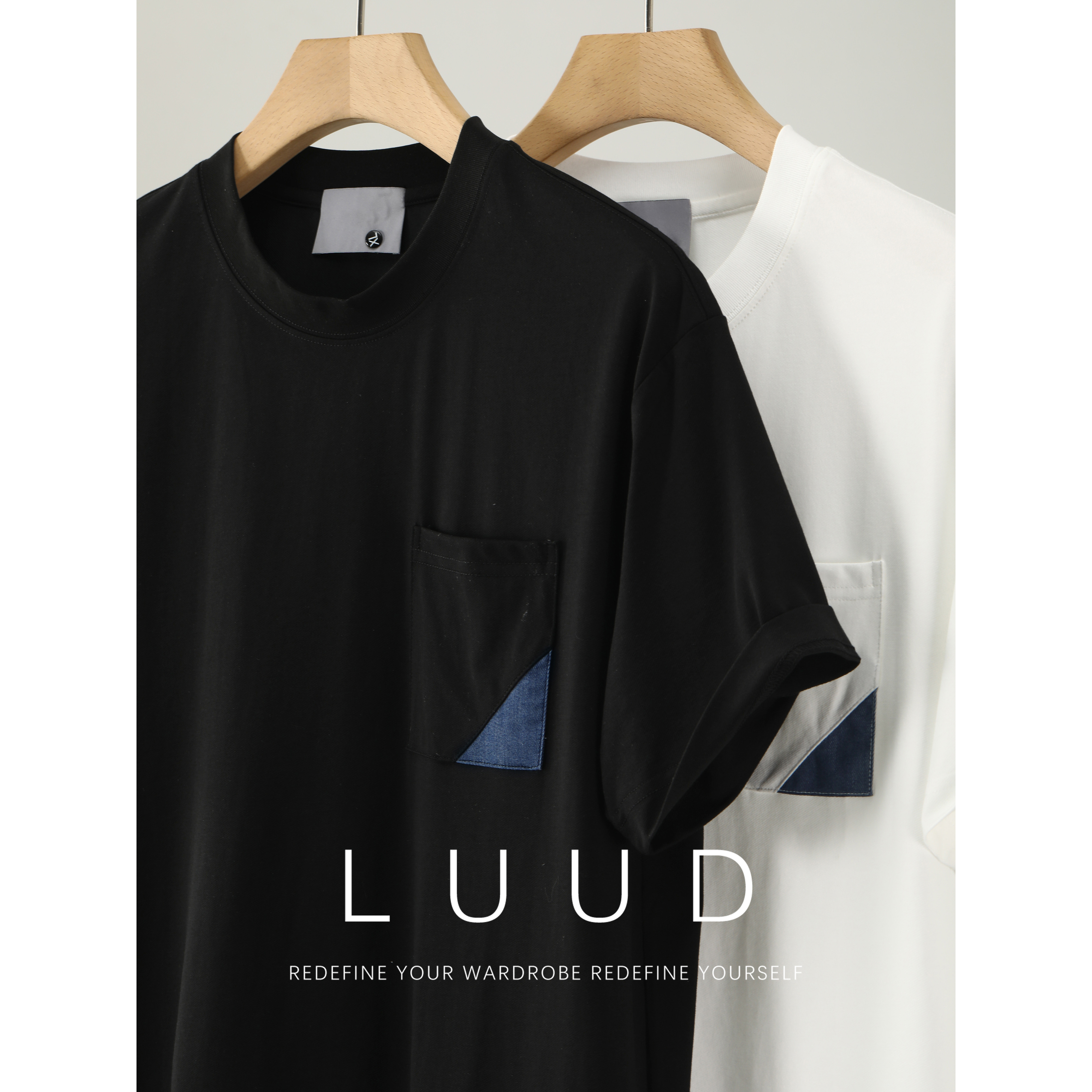 LUUD 男夏季牛仔布拼接三角单贴袋时尚休闲百搭款圆领短袖T恤上衣