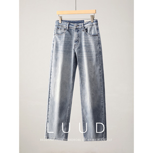 男铆钉设计水洗磨白休闲直筒裤 LUUD cleanfit极简浅蓝色牛仔长裤
