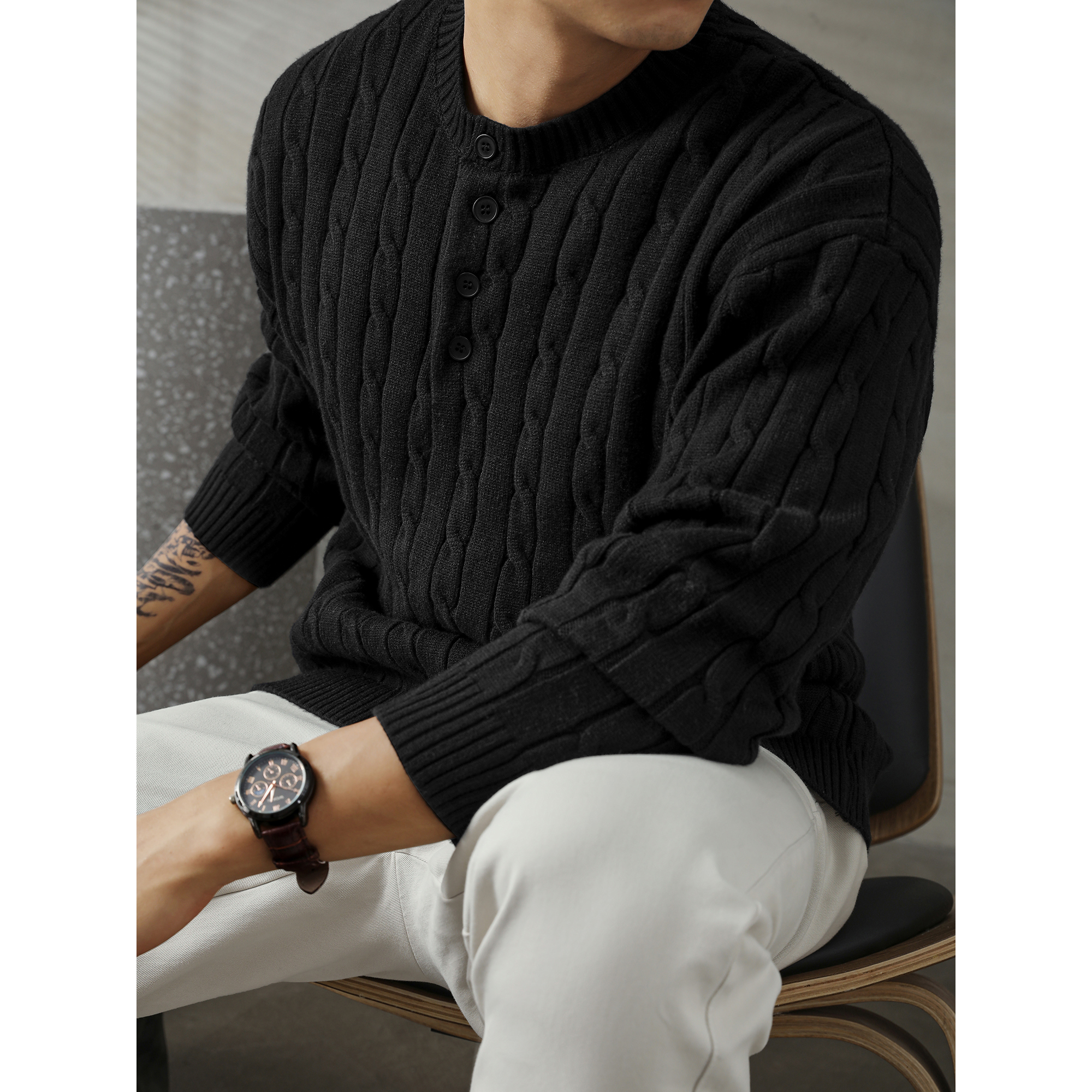 LUUD 轻奢气质感亨利领黑色毛线衣男士麻花纹理高弹包芯纱针织衫