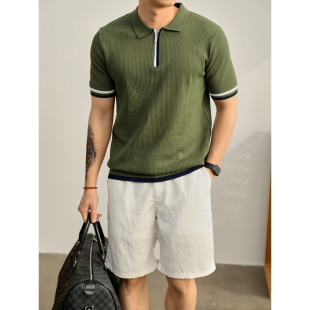 LUUD 老钱格调透气网格镂空针织衫男夏季撞色边半拉链POLO衫短袖