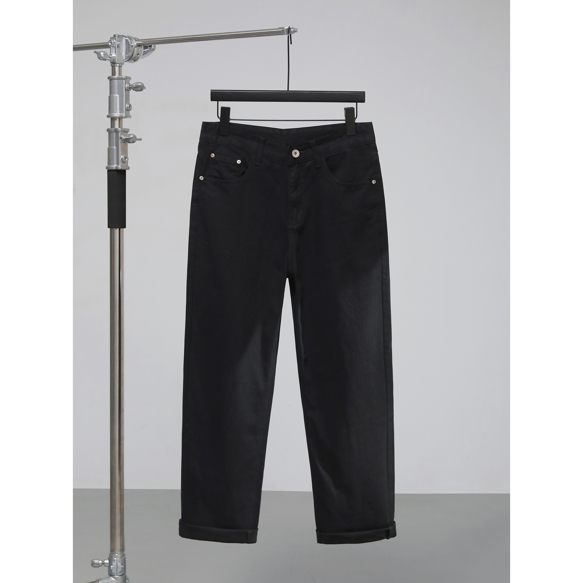 LUUD 黑色休闲细斜纹休闲裤水洗简约100纯棉美式阔腿直筒牛仔长裤