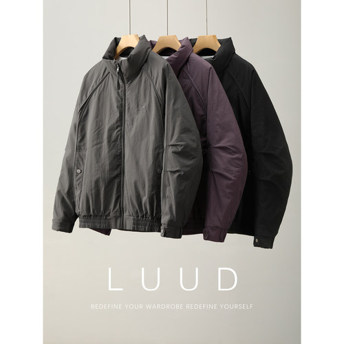 LUUD 字母刺绣白鸭绒立领休闲外套男士解构分割插肩袖拼接羽绒服