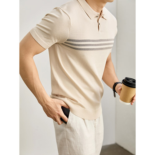 LUUD 男士极简高级感针织POLO衫夏季胸袖连贯撞色条纹短袖上衣T恤