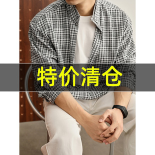 男下摆前短后长半开襟衬衣 衬衫 特价 慵懒复古麻棉假两件格纹长袖