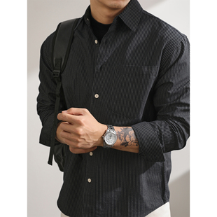 LUUD 色织高密牛津纺纯棉长袖衬衫男士休闲复古通勤风竖条纹衬衣