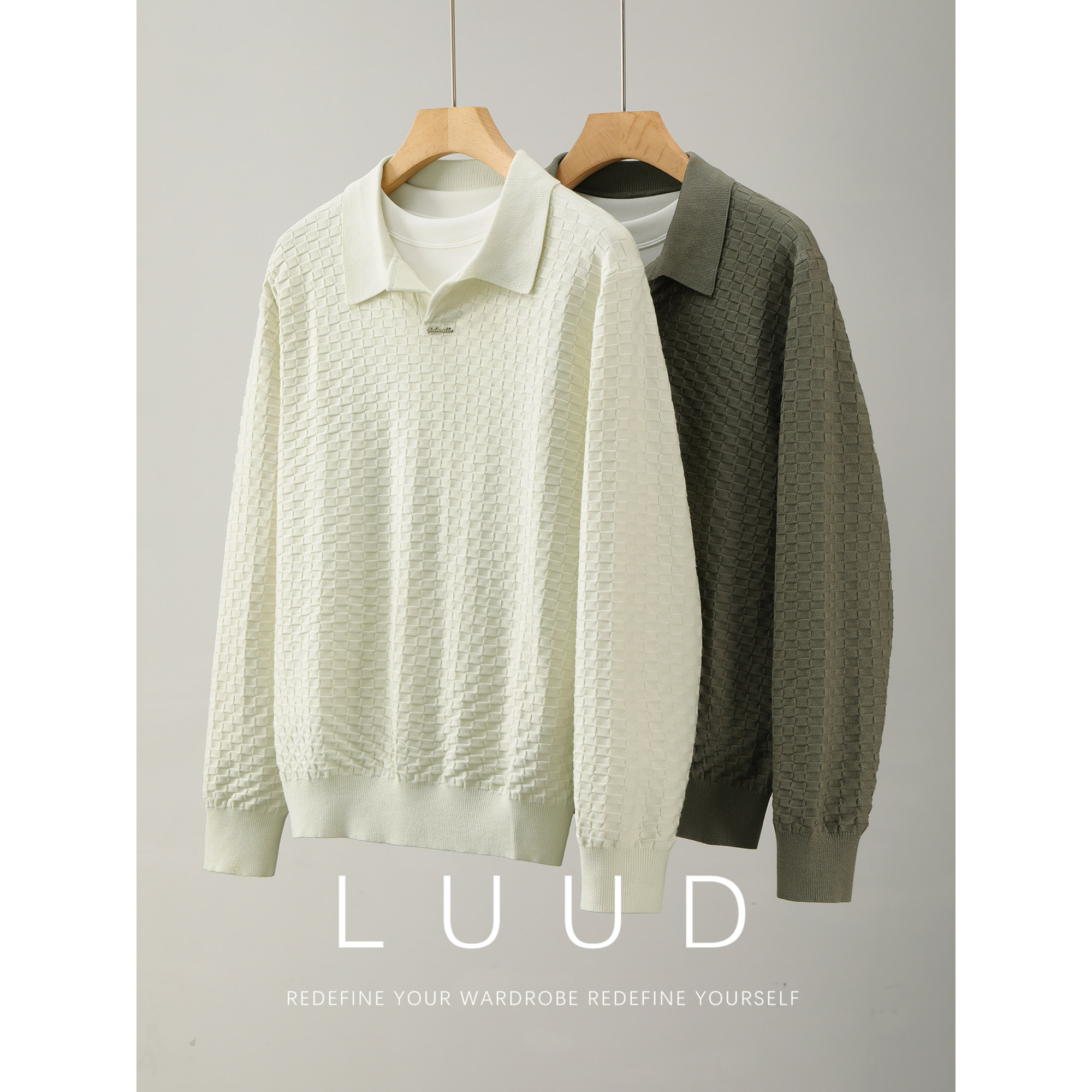 LUUD 雅痞复古风翻领针织POLO衫男秋冬海鸥领纯色棋盘格肌理毛衣,男装,针织衫/毛衣,淘宝优惠券,粉丝福利购,淘宝优惠卷